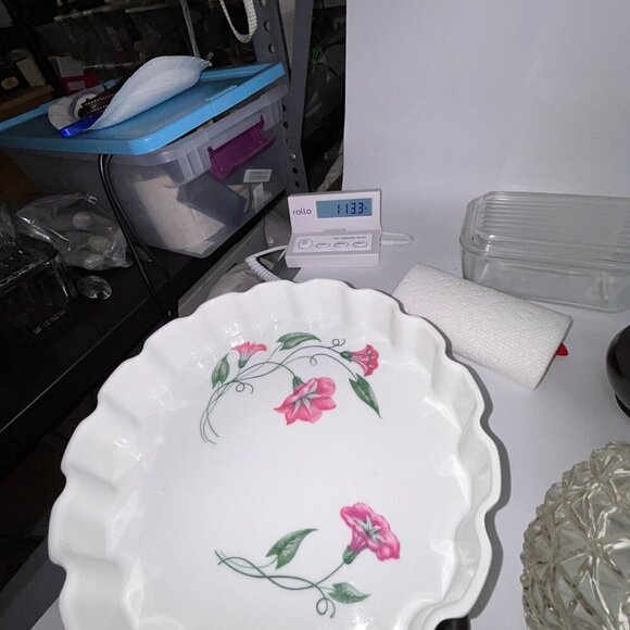 Frugier Limoges France Ceramic Fluted Tart Pan 10" MCM Morning Glory Flowers - Picture 11 of 11